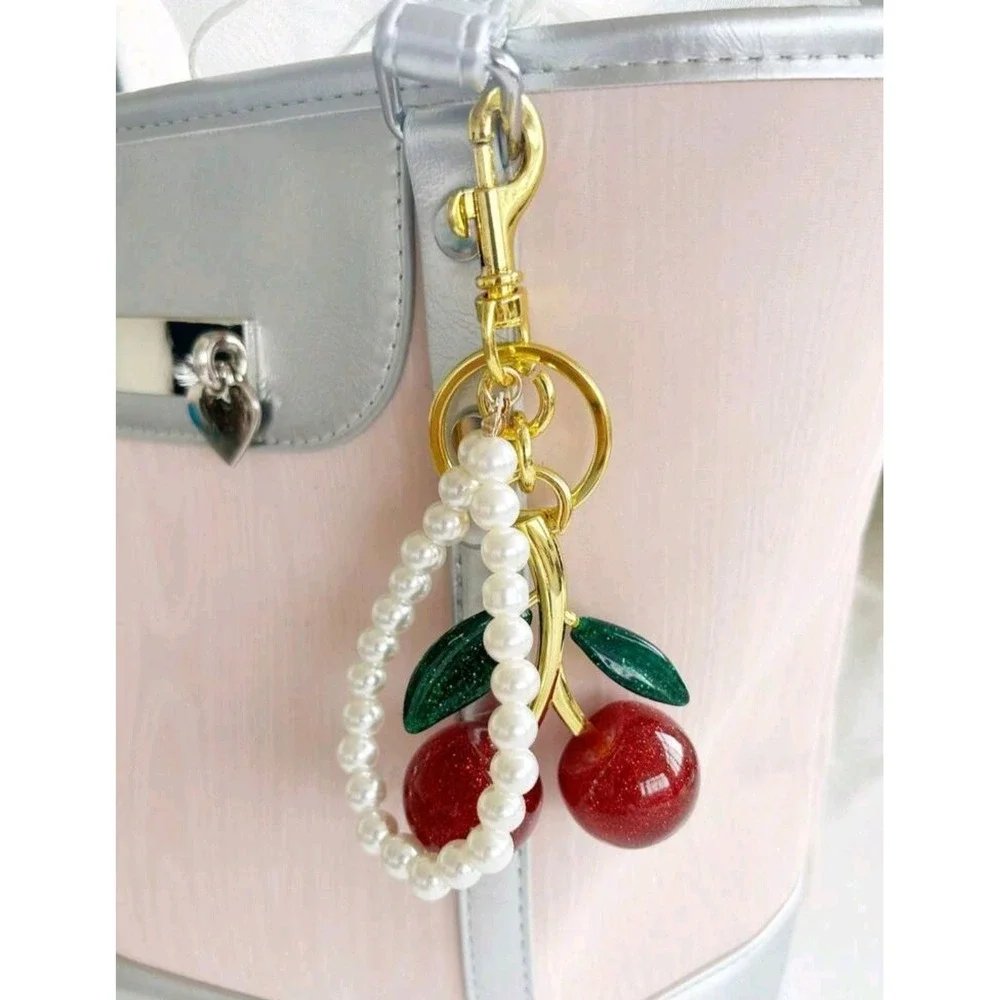Glitter Red Cherry Bag Purse Charm With Pearl Beads String Keychain Bronze Resin